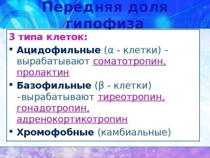 Передняя доля гипофиза 3 типа клеток:  Ацидофильные (α - клетки) – вырабатывают соматотропин,